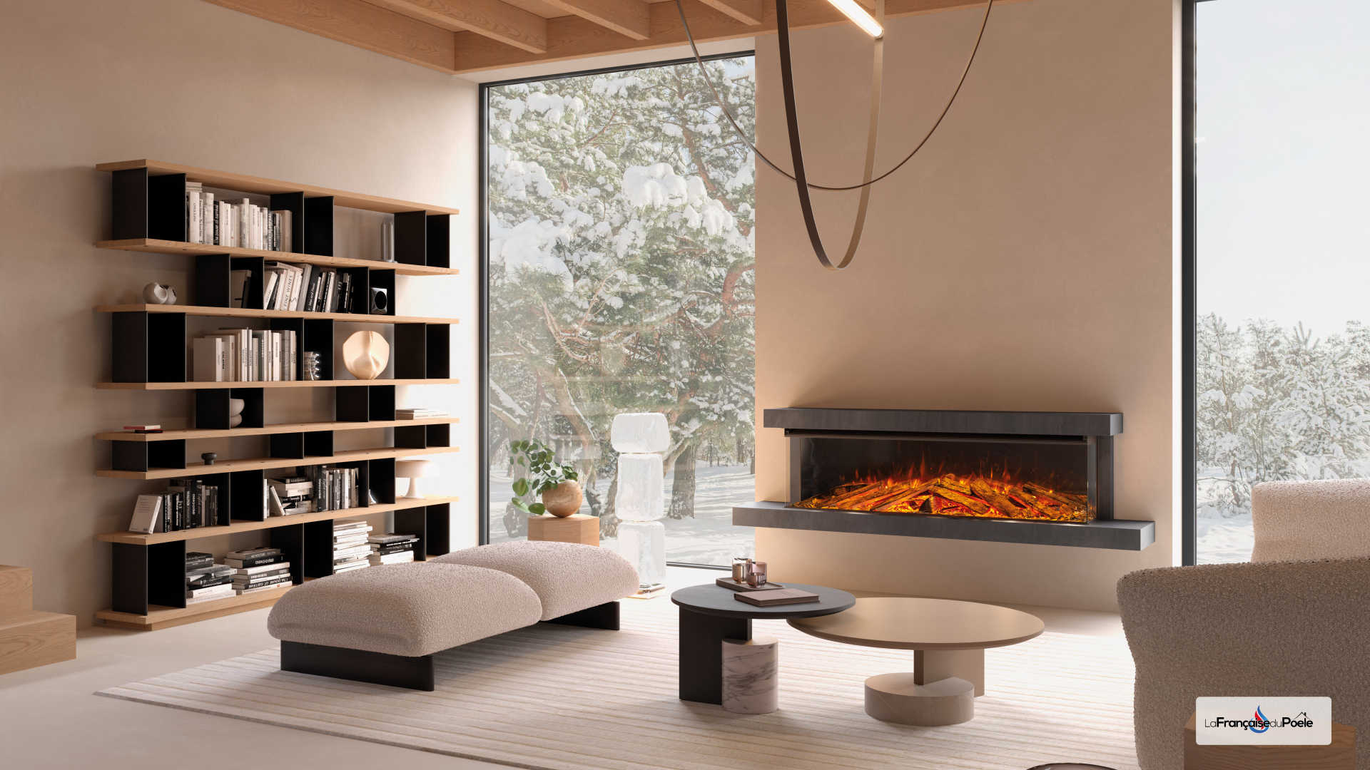 La cheminée électrique Lumen 1600 de la Nordica Extraflame avec cadre-pierre